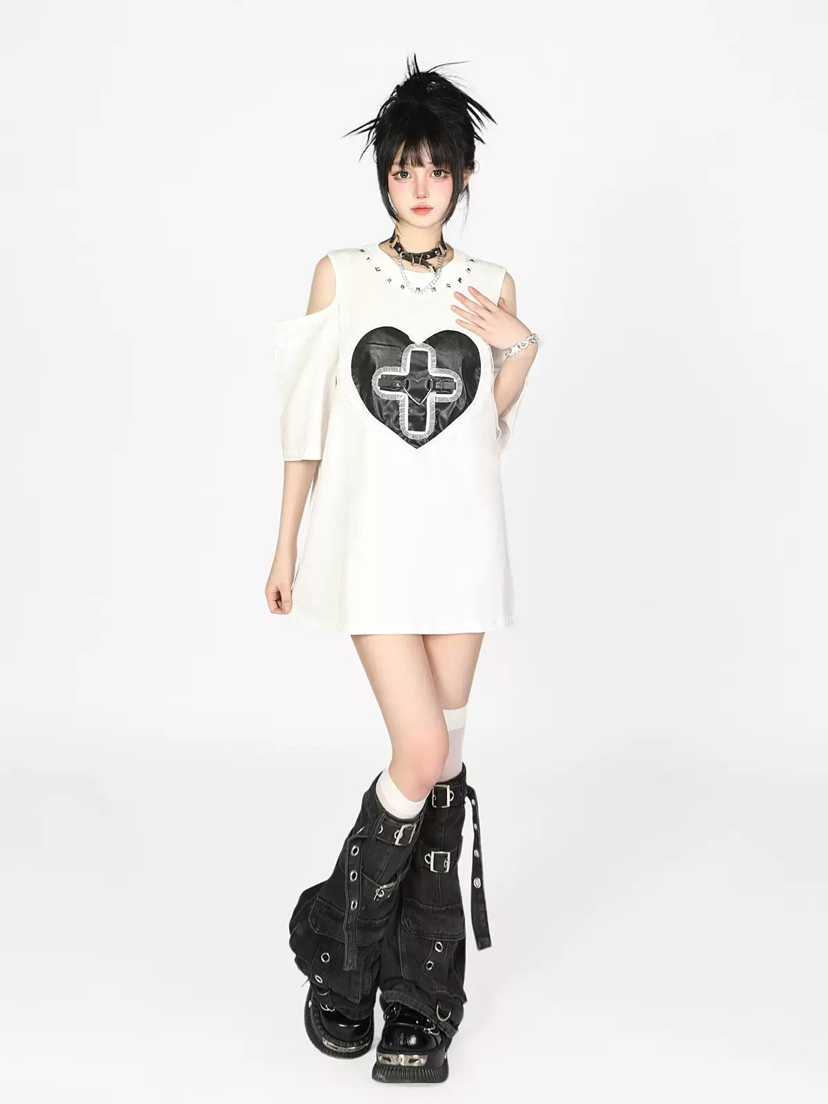 Shoulder Cross Love Street Off T-Shirt Lace Rivet