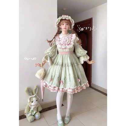 Four Seasons Floral Green Lolita Long Sleeve OP Dress