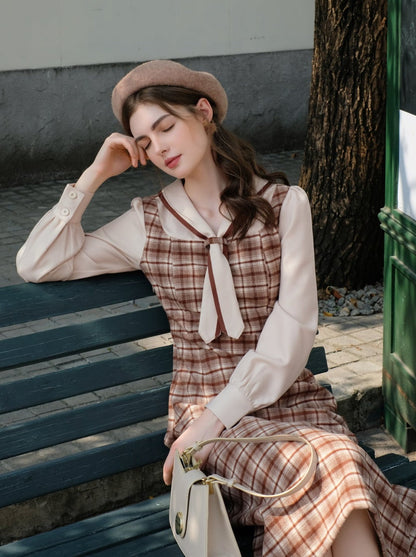 フレンチレトロピースクイーンドレスウールレトロツーフェイクマイラードフェイクチェック