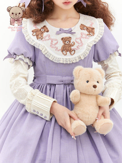 ロリータテディベアフラップレースパフスリーブリボンデレス