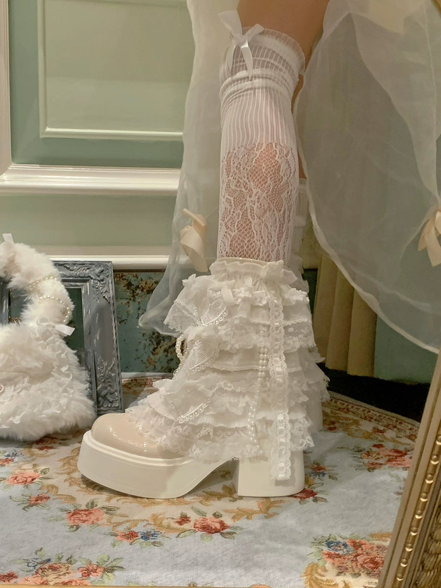 35-39 Retro Pearl Lace Platform Heel Ankle Boots