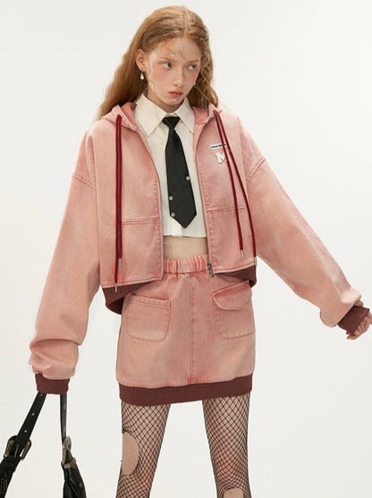 ジップパーカー Y2K ショートフード付きカジュアル + スカート