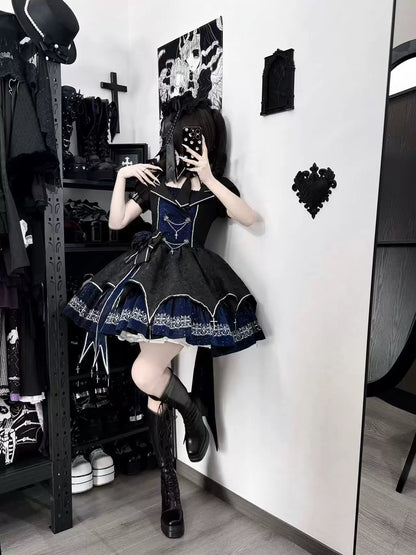 Black and blue Gothic Lolita dress set without detachable sleeves