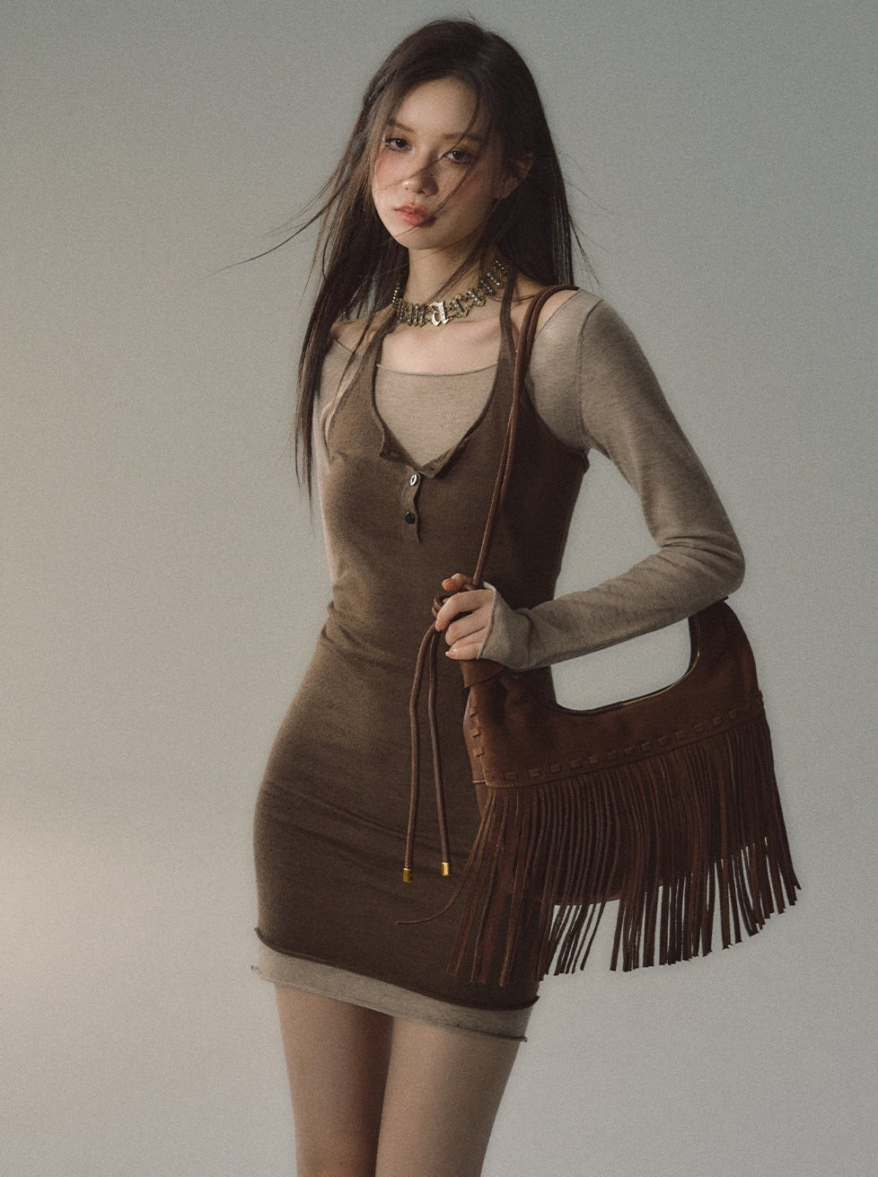 Holter Neck Faux Two Piece Wool Sweater Dress