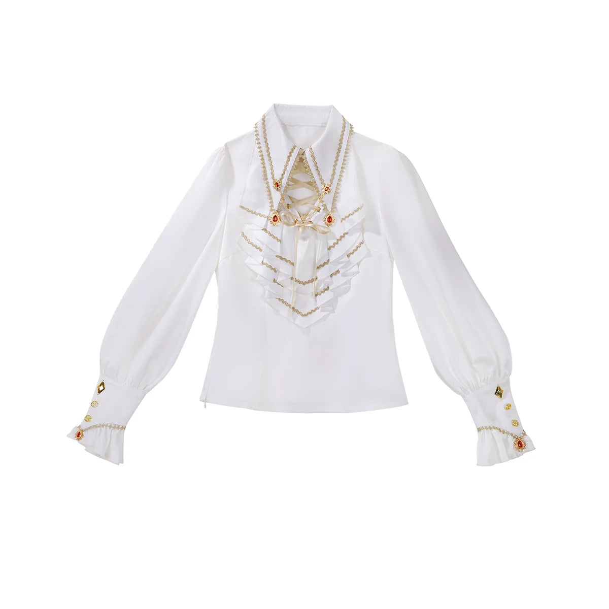 White ruffled ouji Lolita shirt with gold-tone details