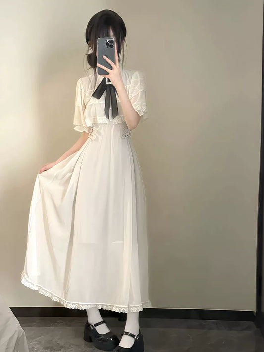Rojita Cape Sleeve Mesh Bow Lace Midi Dress