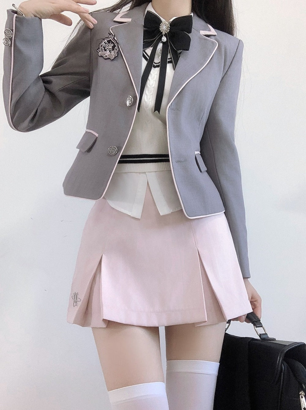 Jacket College Vest + Skirt Shirt Box + Slim Pleated Girl Sweet Ribbon Style