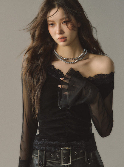 Lace Edge V Neck Sheer Bell Sleeve Black Slim Shirt