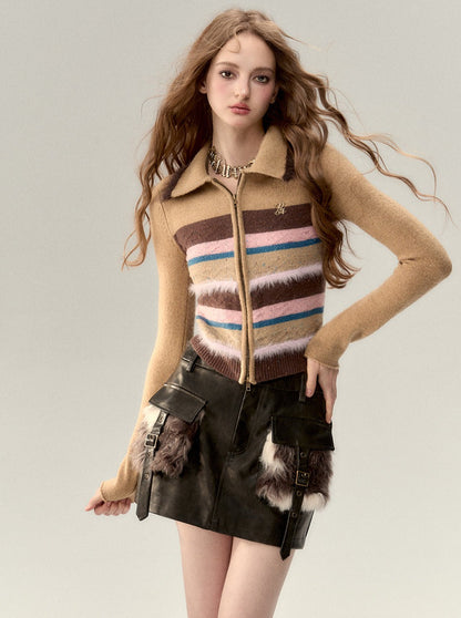 カラフルなストライプ柄ニットカーディガン