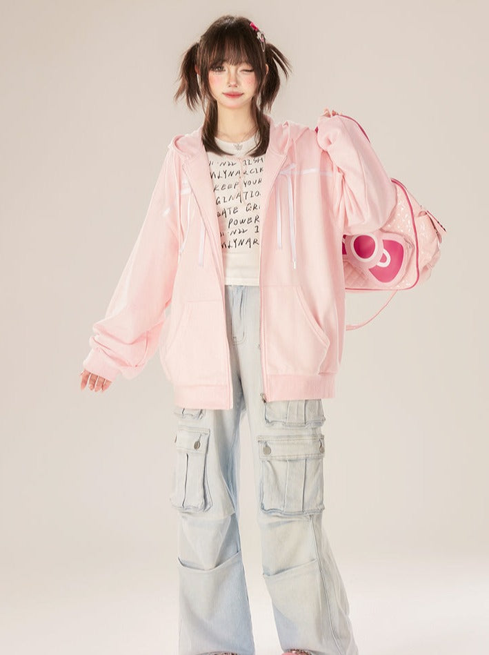 Zip-Up Ribbon Sweet Hoodie Pink Hooded
