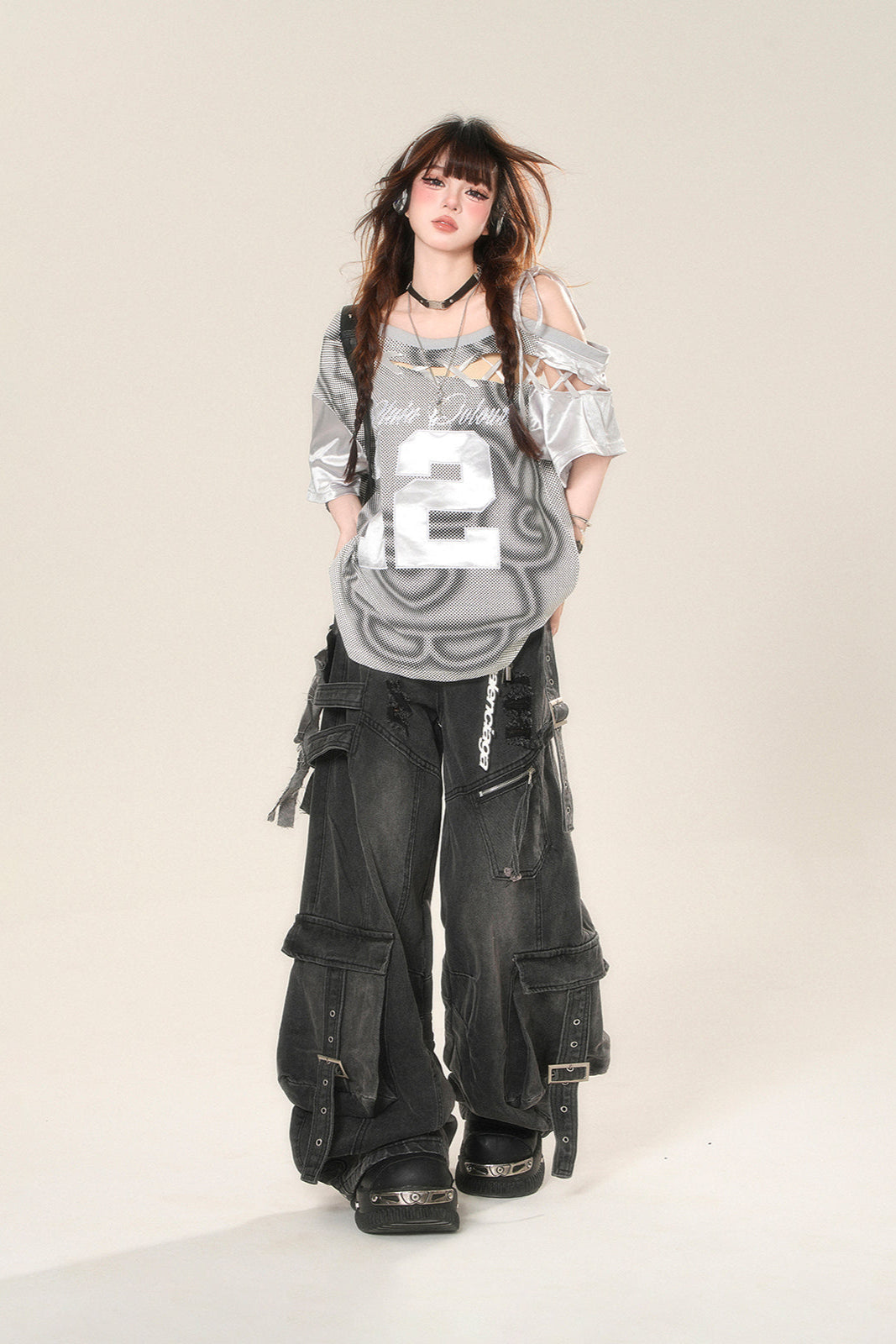 ストリートハイワイドリップデニムパンツ