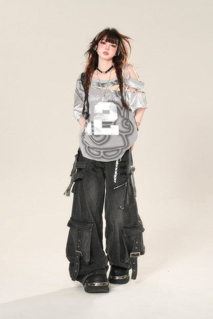 ストリートハイワイドリップデニムパンツ