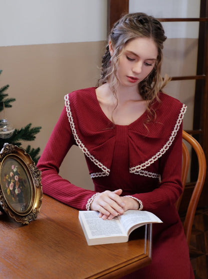 フレンチレッドリボンニットカラードレスレトロ