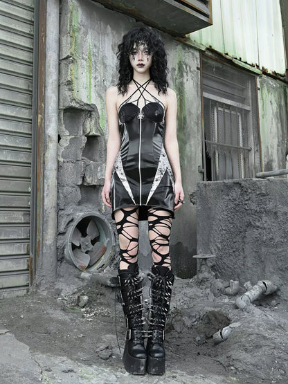 スーツホルターPUパンクスリムジップドレスサスペンダーネック