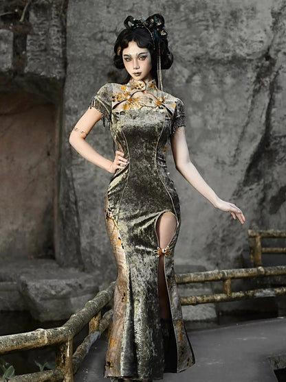 Kleid Meerjungfrau Lang Festival Drachen Chinesisch Schlitz Schnalle Schlank