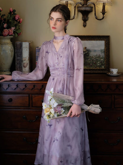 プリントドレス シフォン ブルーム フレンチ バタフライ