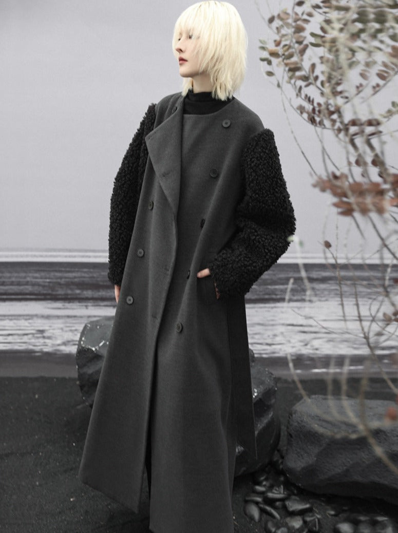 Wool Long Splice Coat Dark Mode