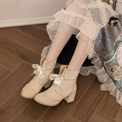 33-43 Lolita-Matching Round-Toe Block Heel Ankle Boots