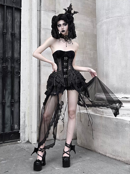 ダークゴシックコルセット ヘルドレス バードストラップ アリスゲージセット フィッシュボーン