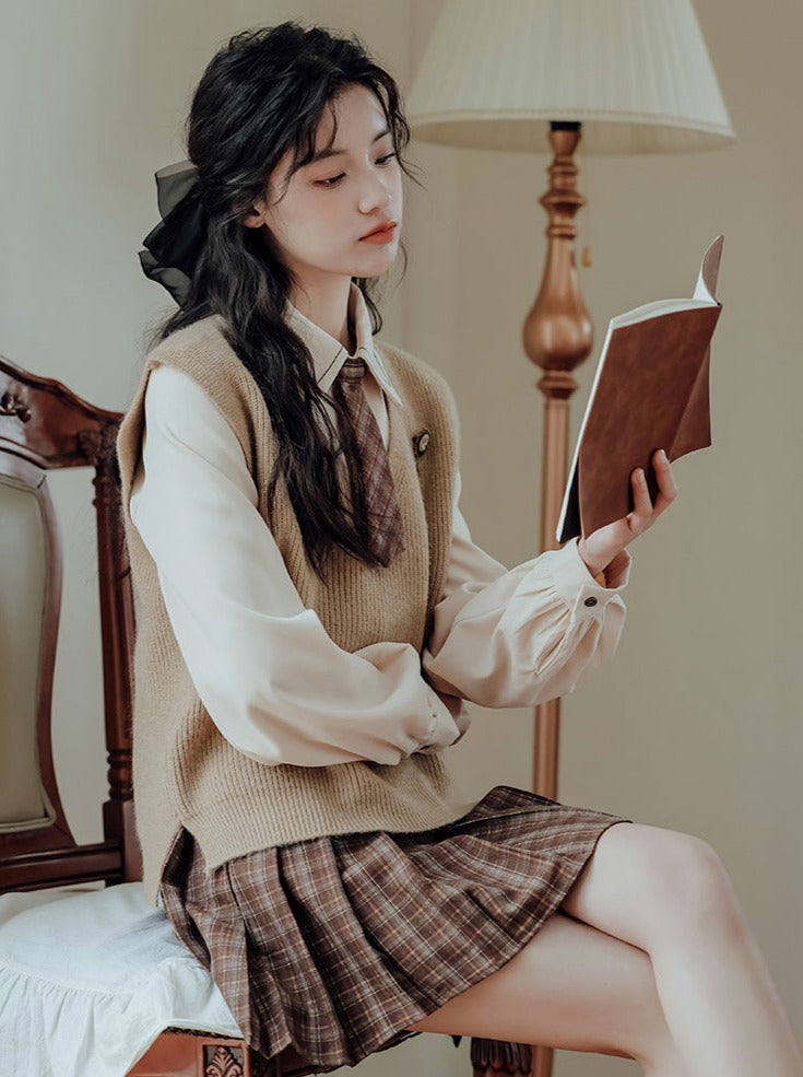 Vest College Skirt Colored Checked Knit Retro Shirt