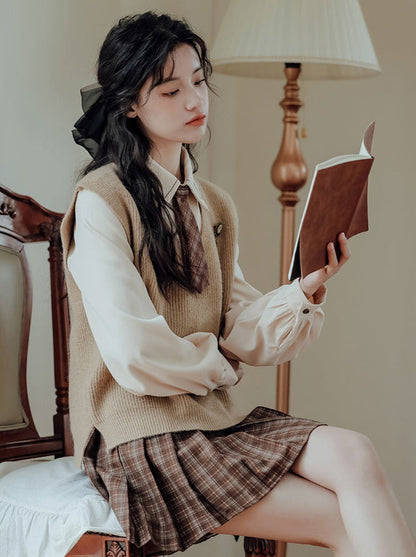 Vest College Skirt Colored Checked Knit Retro Shirt
