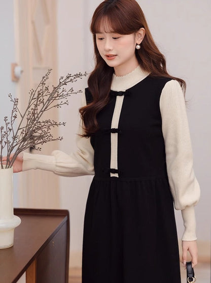 Stück Kragen Hohe Kleid Halb Zwei Kontrast Faux