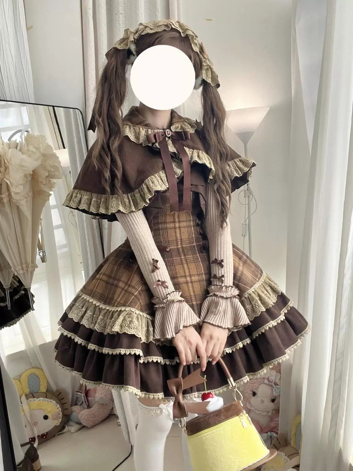 Brown plaid Lolita JSK and ruffled cape, front view