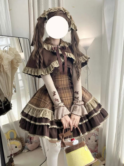 Brown plaid Lolita JSK and ruffled cape, front view