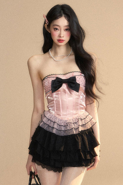 リボンレースリザーブメッシュチューブドットトップ