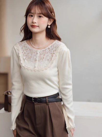 Stil Hals Slim Top Fit Französisch Spitze Rund