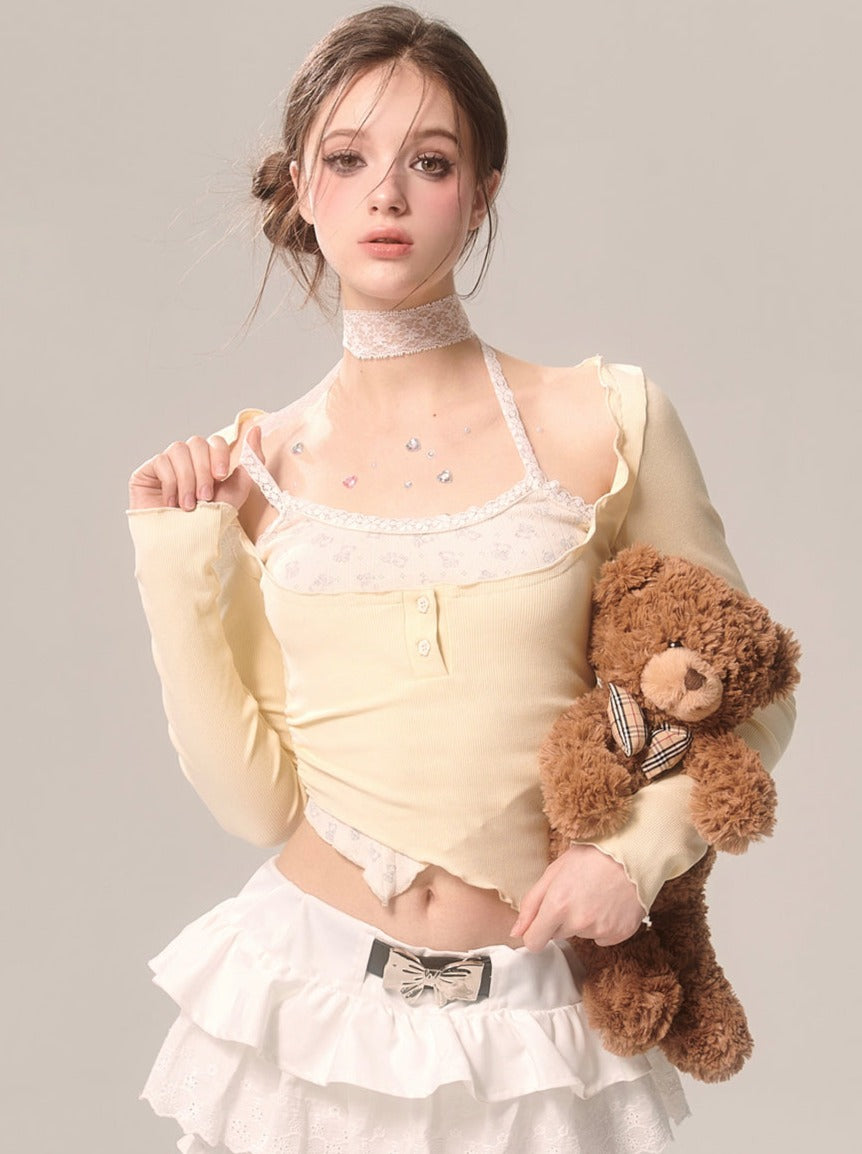 ミルキーフェイクピースクリームアイホルターツートップネックイエロー