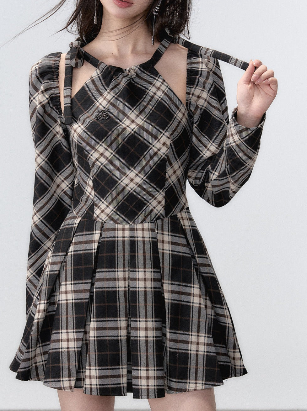 Line Ribbon Suspender Dress French Check