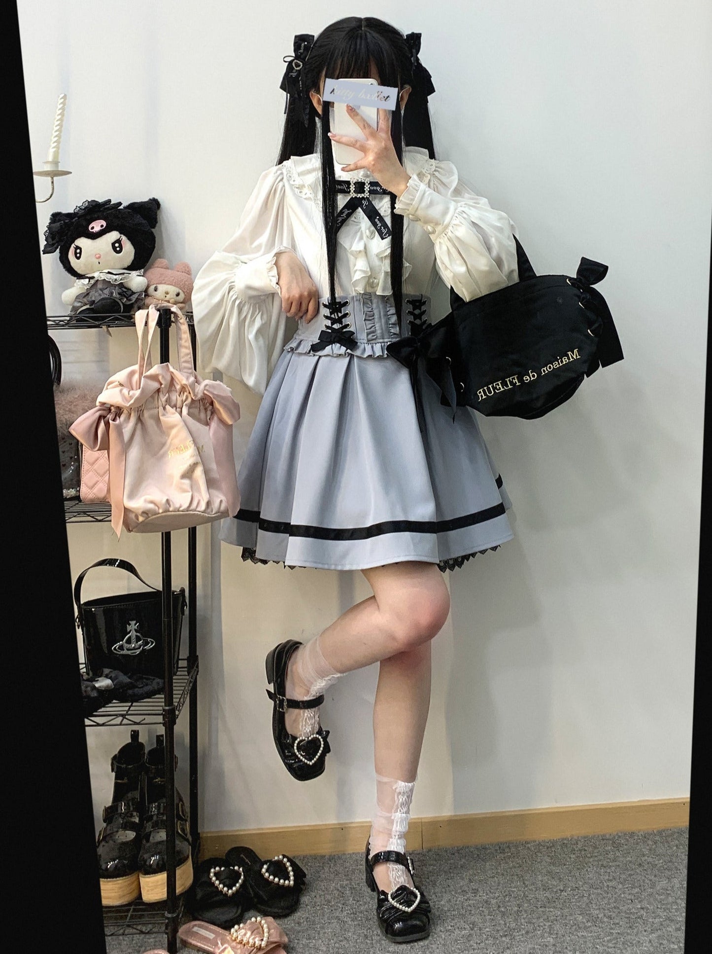 Stand Collar Loose Ruffle Volume Sleeve Ribbon Shirt