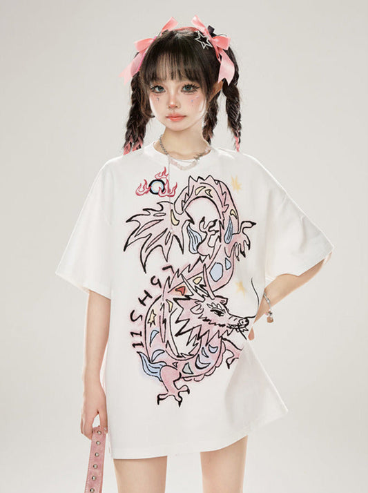 Original Loose T-Shirt Dragon White Print