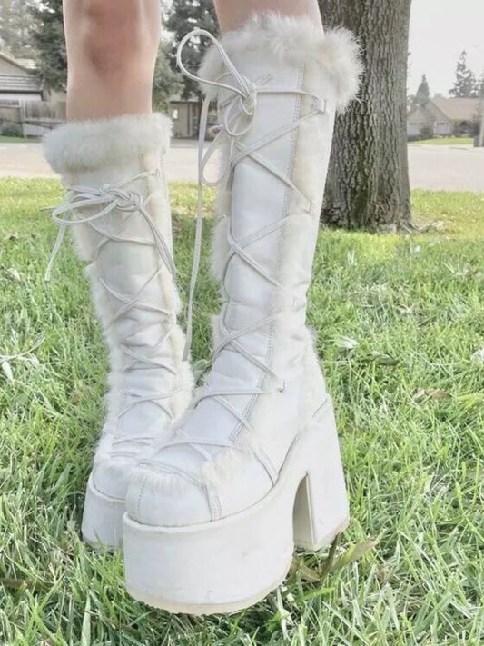 34-46 Y2K Snow Pu Fur Lace-up Thick Heel High Goth Platform Boots