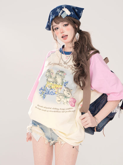 Loose Raglan T-Shirt Print Cat Cute