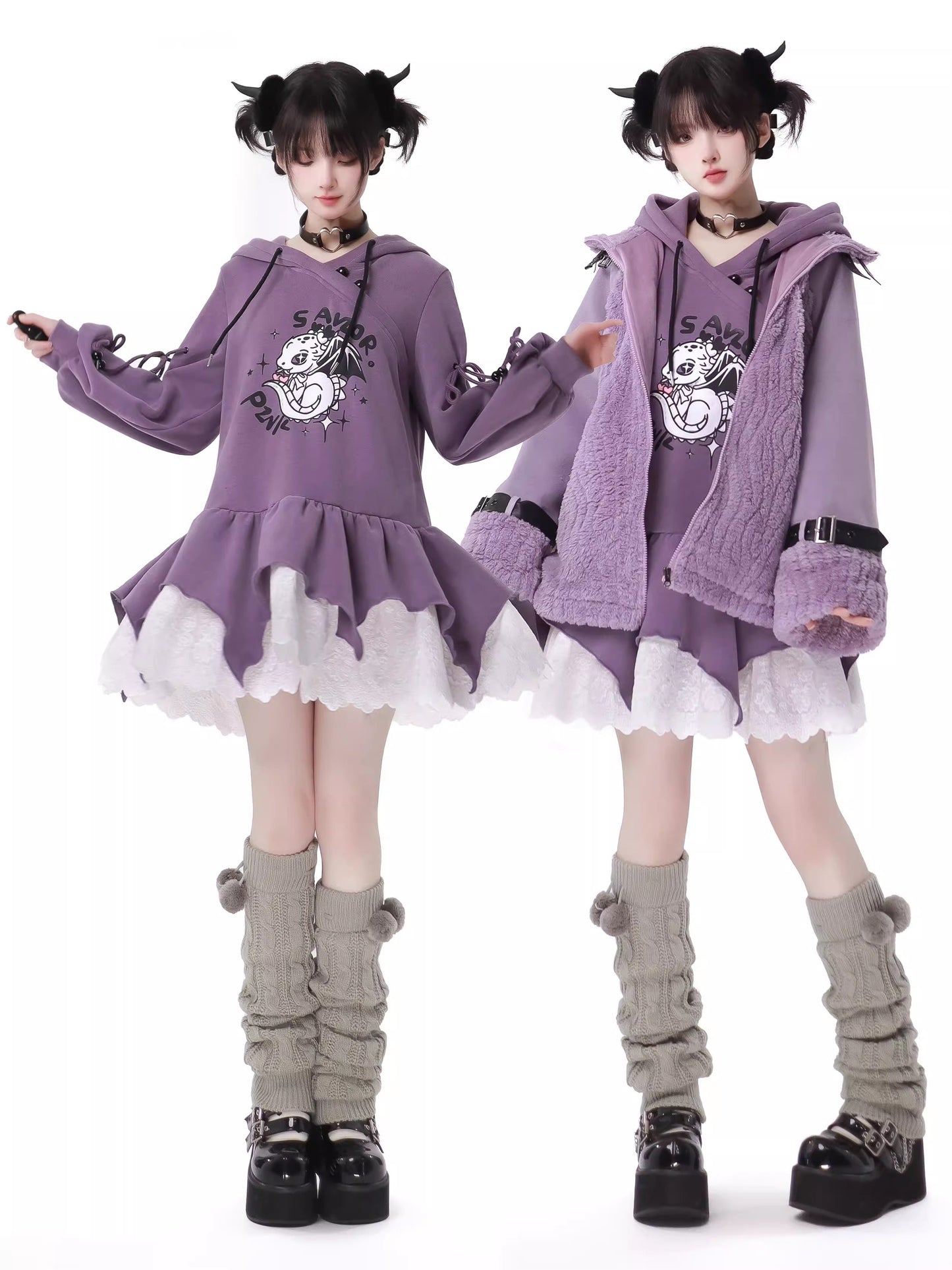 Purple Air Dragon Embroy Dary Plash Jacket + Hood Print Sweat Dress