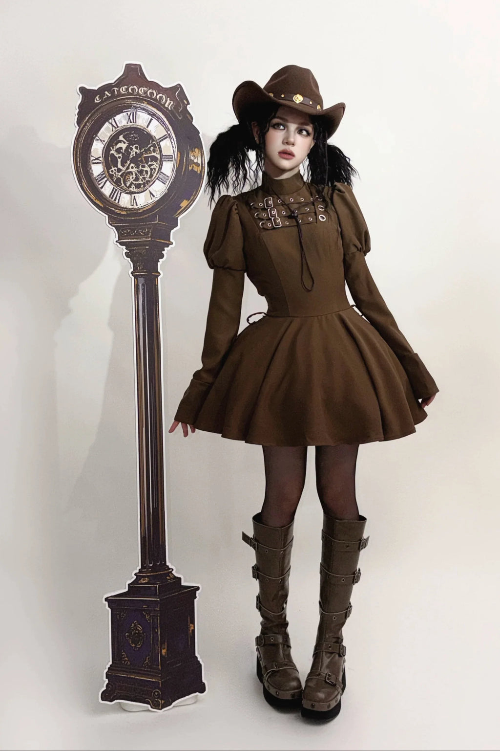 Steampunk Brown x Gothic Black Mode Buckle High Collar Puff Sleeve Doll Dress