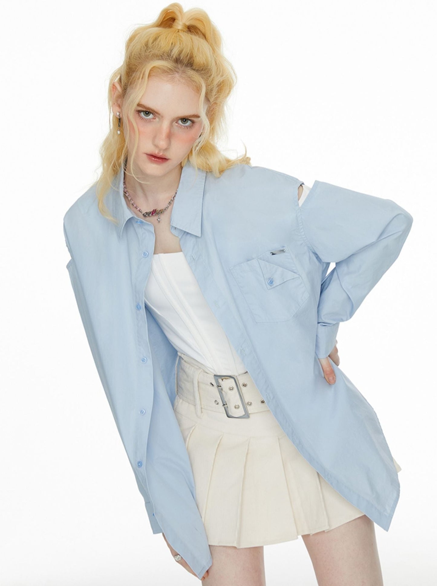 Ice Long Schlitz Blau Schulter Shirt