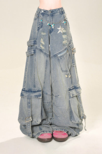 ストリートハイワイドリップデニムパンツ