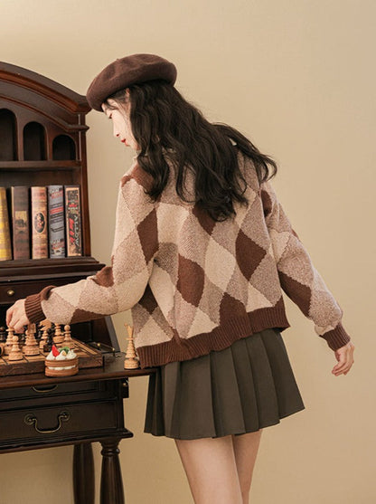 Argyle Rock Plissee Strick Braun Cardigan Retro