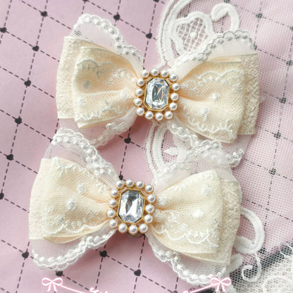 Handmade Heart Bow Shoe Clips with Lace & Pearl - Lolita Accessories