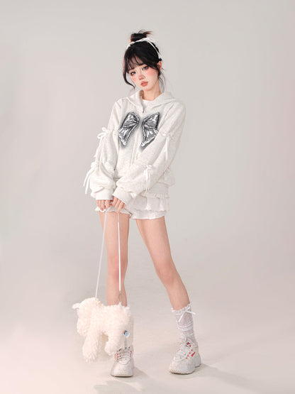 Zip-Up Hooded Loose Black Hoodie Ribbon