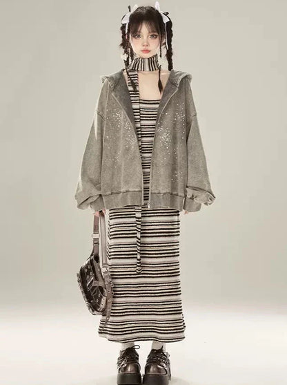 ジッパー付きフード付きダイヤモンドドゥルージーグレーパーカーライト