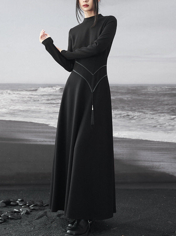 Retro Knit Leather Dress Asymmetrical China Tassel