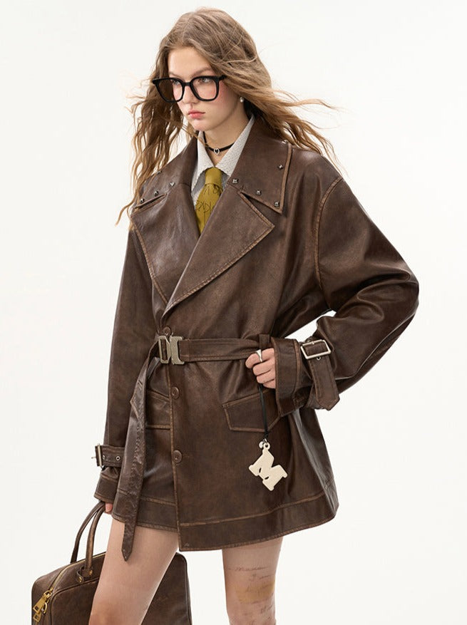 Damaged Mode Lederjacke + Mittellanger Rock + Ledermantel mit Taillengürtel