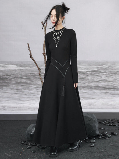 Retro Knit Leather Dress Asymmetrical China Tassel