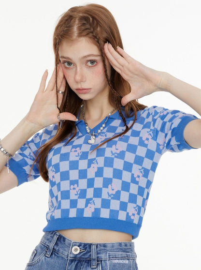 Black Blue Check Short Top Polo