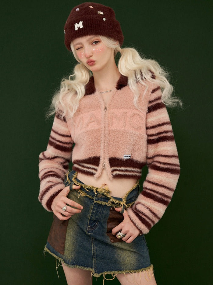 Gestreiftes Cardigan-Oberteil aus doppeltem Wollreißverschluss