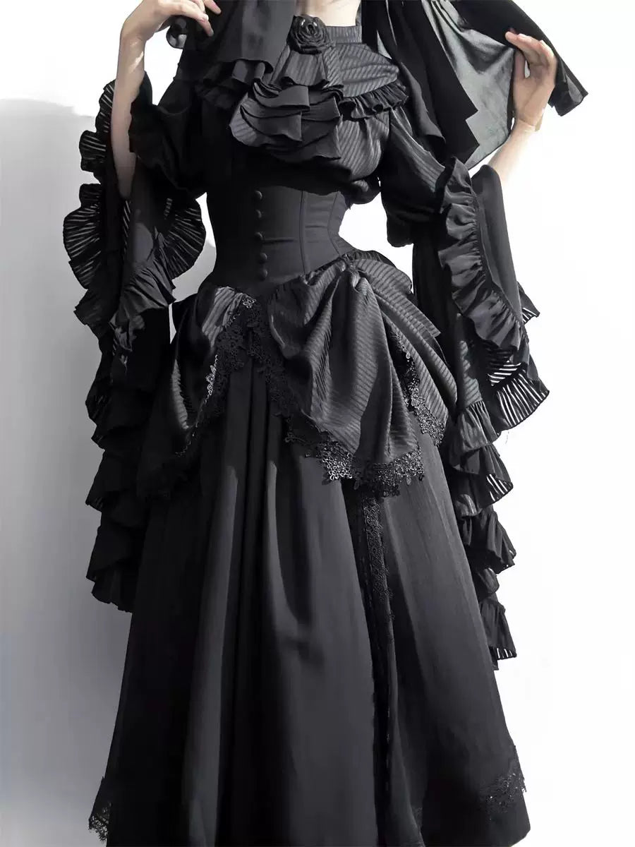 Black Gothic Lolita blouse and structured skirt with lace bib